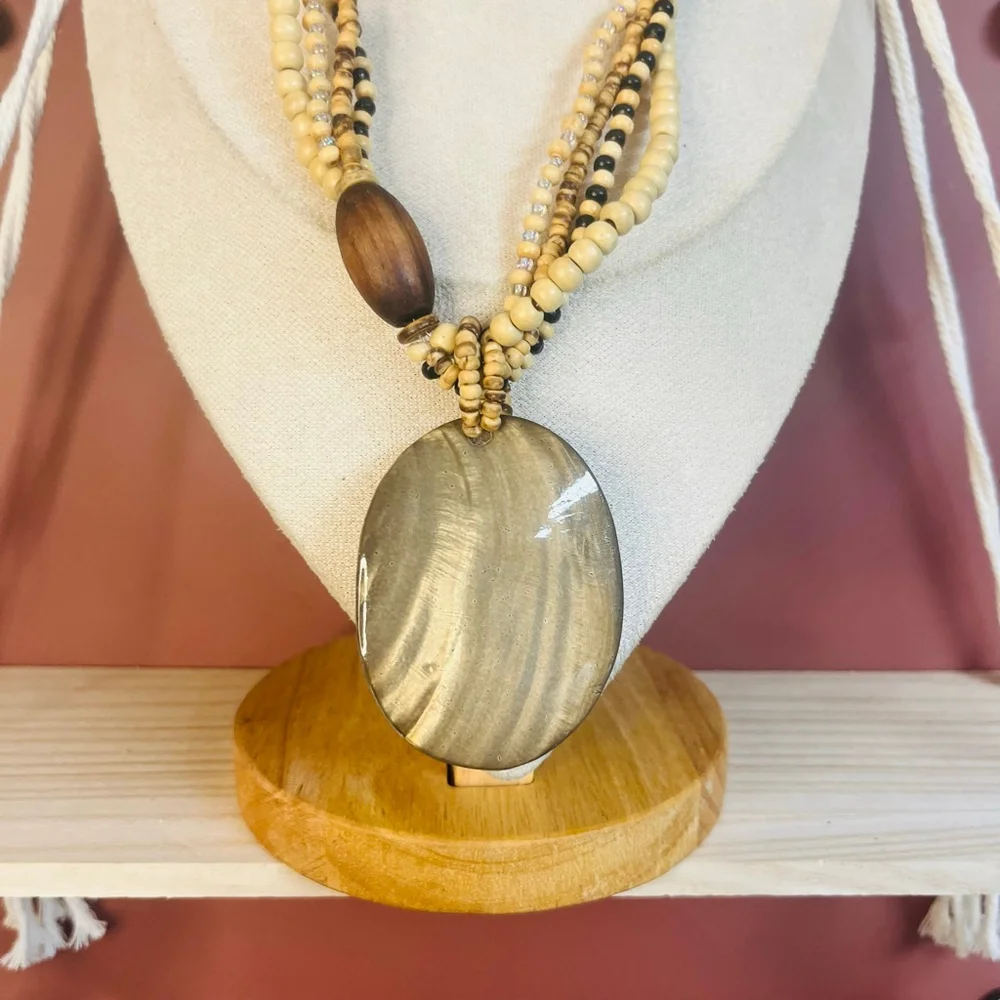 Natural Stone Beaded Necklace with Polished Shell Pendant | Boho Earthy Eclectic